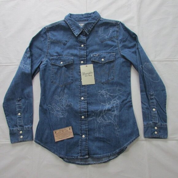 Wrangler Retro Women's Cowboy Laser Print Snap Denim Shirt Med Wash - Picture 5 of 8